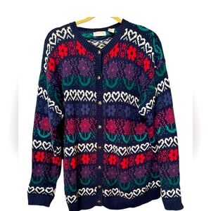Vintage ASHLEY  Hand knit Retro cardigan Size L
 Hearts and Flowers  cottagecore
